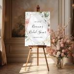 Poster Fête des mariées de feuillage vert or géométrique<br><div class="desc">Cette affiche de bienvenue pour la douche nuptiale aux feuilles vert or géométrique est parfaite pour une wedding shower moderne. Le design se compose d'un feuillage botanique vert et or peint à la main,  avec des fleurs roses,  rousses et blanches,  qui ornent un cadre géométrique élégant.</div>