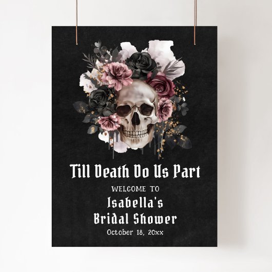 Poster Fête des mariées du crâne floral d'Halloween noir