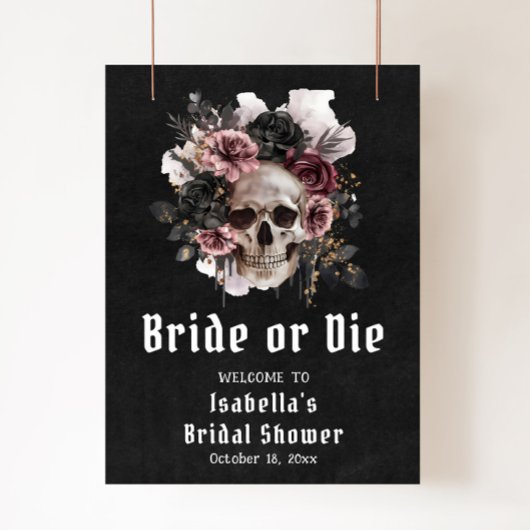 Poster Fête des mariées du crâne floral d'Halloween noir