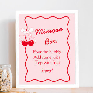 Poster Fête des mariées en bois rouge et rose Mimosa Bar