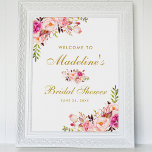 Poster Fête des mariées Florale Rose Blush Gold Bienvenue<br><div class="desc">Aquarelle rose Blush or Fête des mariées Florale Accueil Poster</div>