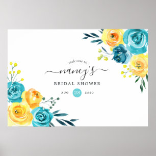 Poster Fête des mariées florale turquoise et jaune