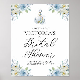 Poster Fête des mariées marine florale bleue Bienvenue