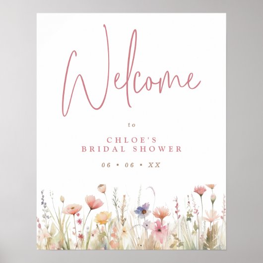 Poster Fête des mariées rose Fleurs sauvages Bienvenue (Devant)