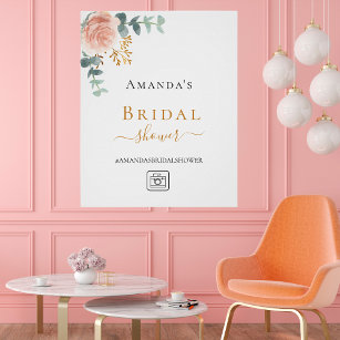 Poster Fête des mariées rousse rose or floral eucalyptus