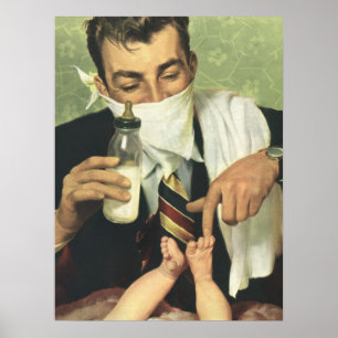 Poster Fête des Pères vintage, papa donnant un biberon à