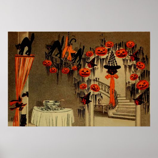 Poster Fête d'Halloween Citrouille Lanterne Jack Chat Noi (Devant)