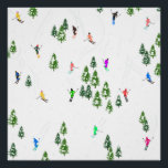 Poster Fête d'Illustration de ski alpin Freeride<br><div class="desc">skieur d'hiver cool design motif avec skieurs skieurs sur les pistes de la station de ski alpin parmi des sapins enneigés dans les alpes. Les skieurs freeride portent des combinaisons de ski rétro vintages et colorées, descendent en ski avec des skis sur un arrière - plan de paysage de montagne...</div>