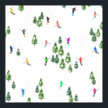 Poster Fête d'Illustration de ski alpin Freeride<br><div class="desc">skieur d'hiver cool design motif avec skieurs skieurs sur les pistes de la station de ski alpin parmi des sapins enneigés dans les alpes. Les skieurs freeride portent des combinaisons de ski rétro vintages et colorées, descendent en ski avec des skis sur un arrière - plan de paysage de montagne...</div>