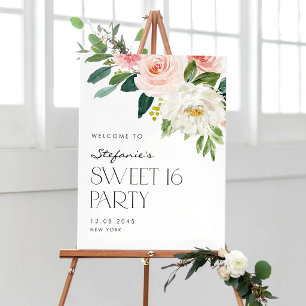Poster Fête Douce 16 Ans Jardin Fleurs Roses et Blanches