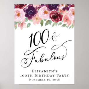Poster Fête élégante de 100 ans avec des fleurs