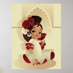 Poster Fête espagnole de flamenco chibi dessin animé fill