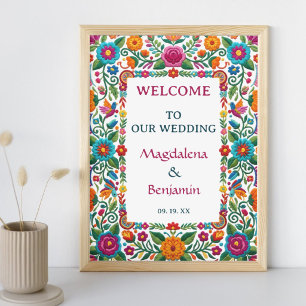 Poster Fête Florale Colorée Broderie Mariage Bienvenue