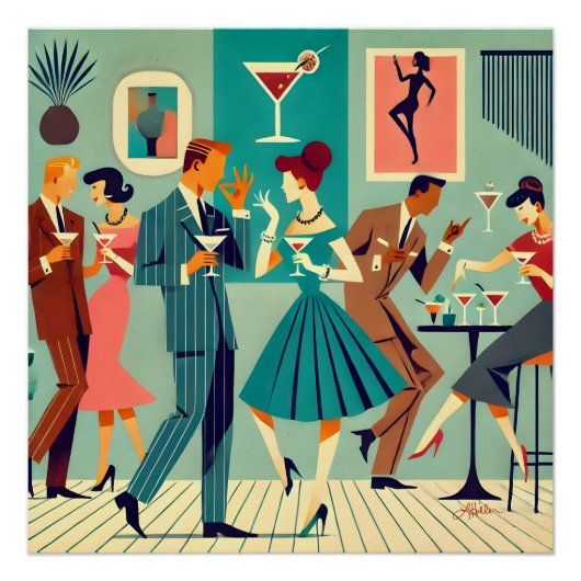 Poster Fête Mid Century Modern La Danse du Martini (Devant)