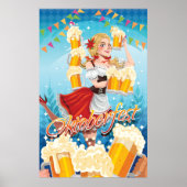 Poster Fête Oktoberfest Maid en rouge avec des bières (Devant)