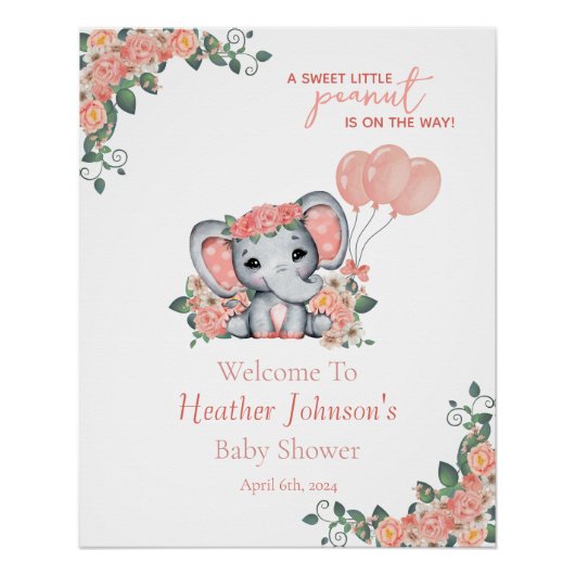 Poster Fête Prénatale de Bébé Fille Éléphant (Devant)