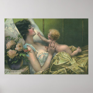 Poster Fête vintage des mères victoriennes, maman avec bé