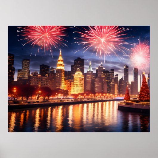 Poster Feu d'artifice dans la ville de nuit (Devant)