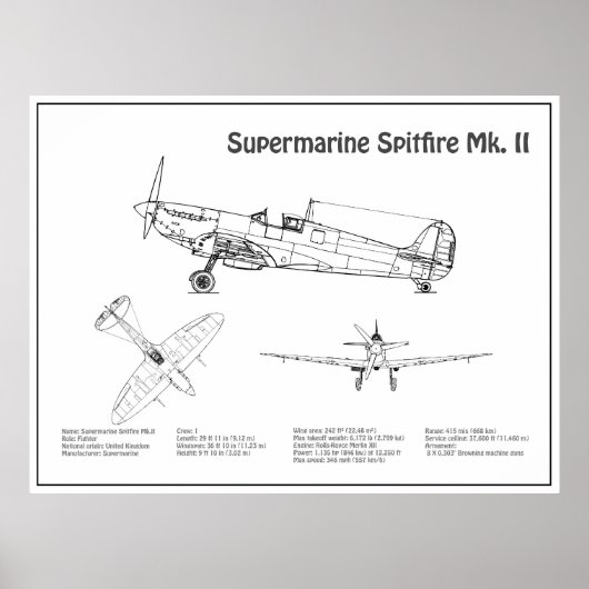 Poster Feu Spitfire Supermarine - Plan d'avion BD (Devant)