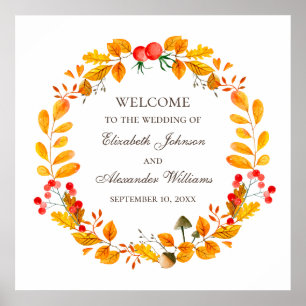 Poster Feuillage aquarelle. Bienvenue au mariage de autom