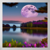 Poster Feuillage pourpre Lune et lac paisible (Devant)