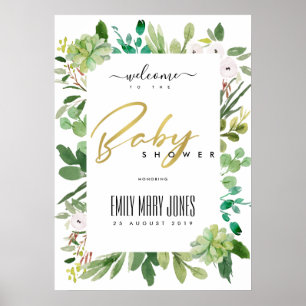 POSTER FEUILLAGE SUCCULENT AQUARELLE BIENVENUE BABY SHOWE