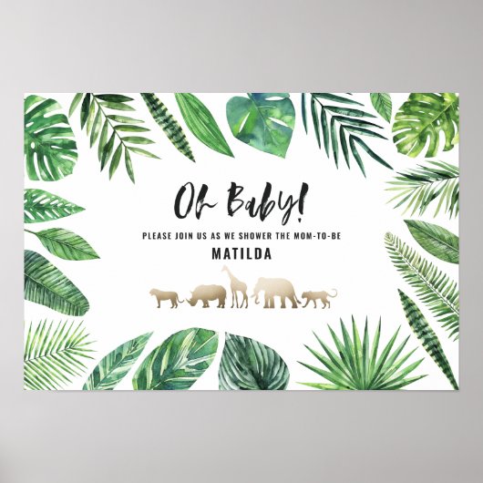 Poster Feuillage tropical + animaux d'or baby shower (Devant)
