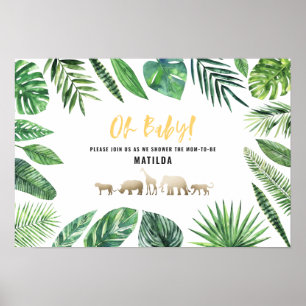 Poster Feuillage tropical + animaux d'or baby shower
