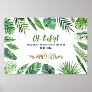 Poster Feuillage tropical + animaux d'or baby shower