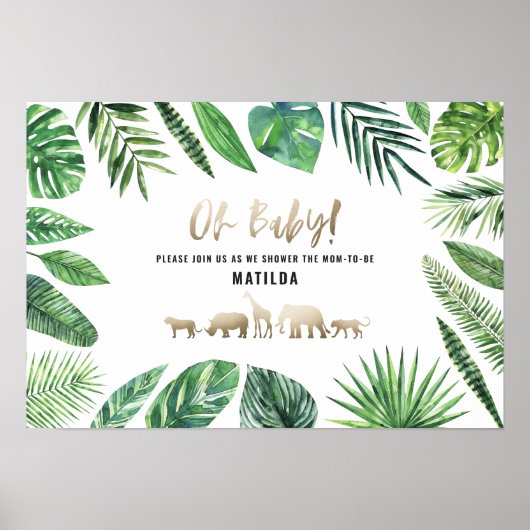 Poster Feuillage tropical + animaux d'or baby shower (Devant)