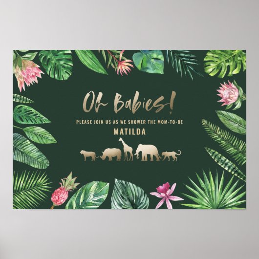Poster Feuillage tropical + baby shower jumeau d'animaux  (Devant)