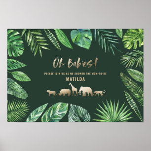 Poster Feuillage tropical + baby shower jumeau d'animaux