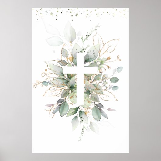 Poster Feuillage verdure Croix Baptême de bébé (Devant)