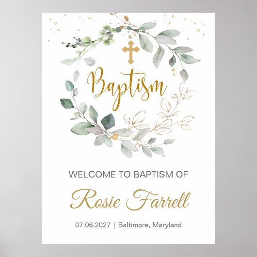 Poster Feuillage vert & or, bienvenue Baptême (Devant)