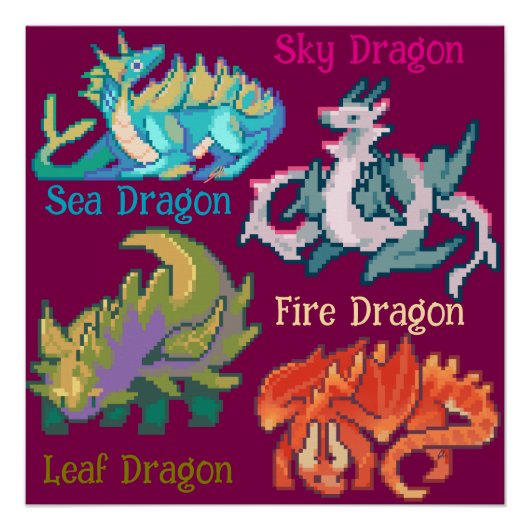 Poster Feuille, ciel, feu, mer Dragon pixel art (Devant)