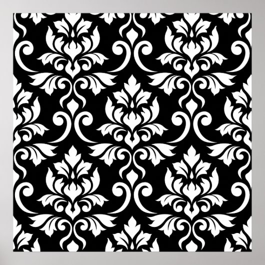 Poster Feuille Damask Grand Motif blanc sur noir (Devant)