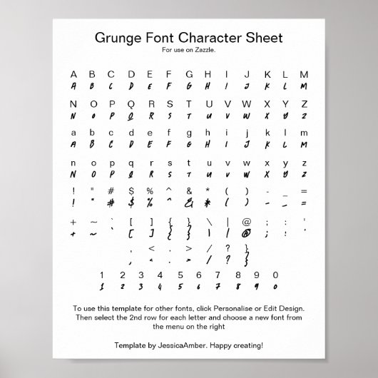 Poster Feuille de caractères Grunge Font pour Zazzle (Devant)