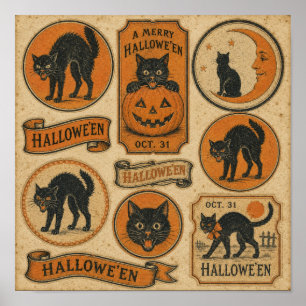 Poster Feuille de chats noirs vintage Halloween