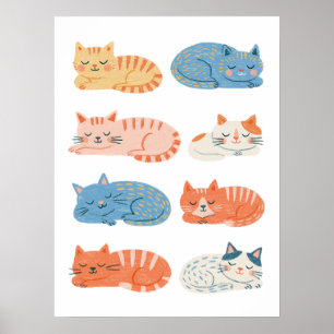 Poster Feuille de clip art de chats endormis dessinés à l
