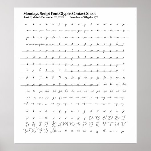 Poster Feuille de contact des glyphes de police de script (Devant)