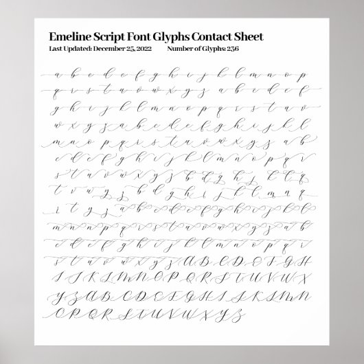 Poster Feuille de contact Glyphes de police de script de  (Devant)