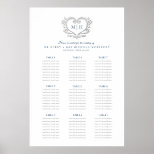 Poster Feuille de mariage de couronne de coeur bleu et ar