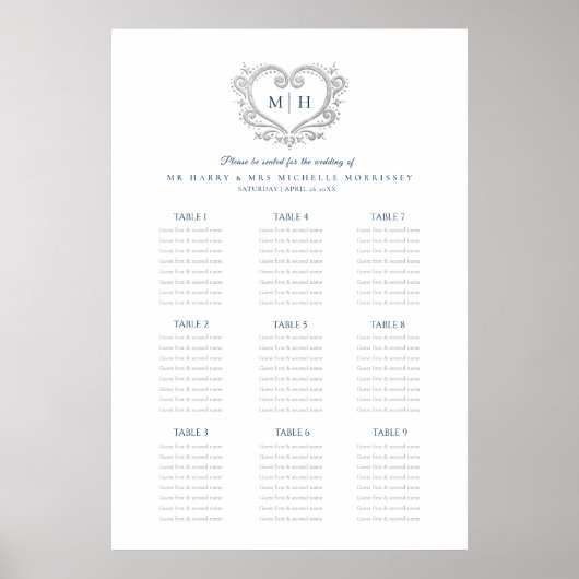 Poster Feuille de mariage de couronne de coeur bleu et ar (Devant)