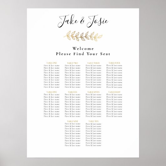 Poster Feuille d'effet or Elégant Mariage Seating Chart (Devant)
