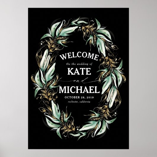 Poster Feuille d'or vert Mariage noir Bienvenue (Devant)