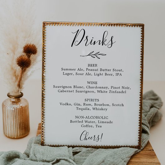 Poster Feuille minimale | Menu des boissons Mariages noir