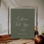 Poster Feuille minimale | Panneau de texte personnalisé v<br><div class="desc">Ce symbole de texte personnalisé vert foncé feuille minimale est parfait pour un mariage boho. Le design se compose d'une simple silhouette de feuille de verdure en vert d'olivier, au style bohème minimaliste de montagne. Customisez le libellé pour dire tout ce que vous voulez! Ce panneau peut être utilisé pour...</div>