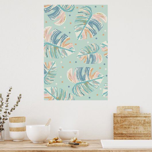 Poster Feuille Monstera - Turquoise, Vert, Corail, Moutar (Cuisine)