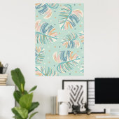 Poster Feuille Monstera - Turquoise, Vert, Corail, Moutar (Bureau à domicile)