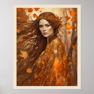 Poster Feuille qui tombe une femme en automne Orange Gown